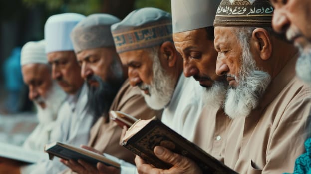 Elderly men reading inside mosque with warm light, creating a peaceful atmosphere, AI Generated