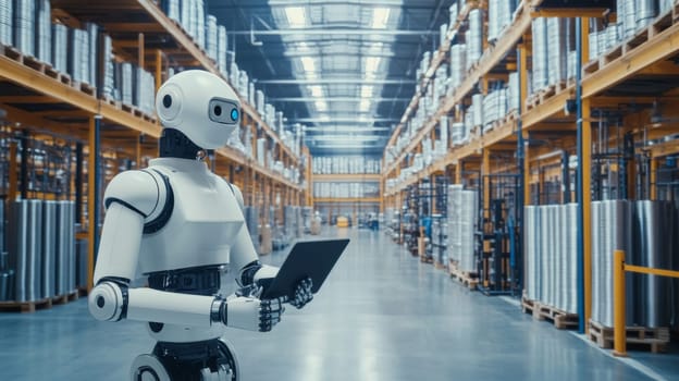 Robot analyzing data in futuristic metal products warehouse setting, concept of industrial future, AI Generated