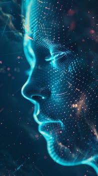 Human face with digital network pattern on dark background, authentication scanning concept, AI generated