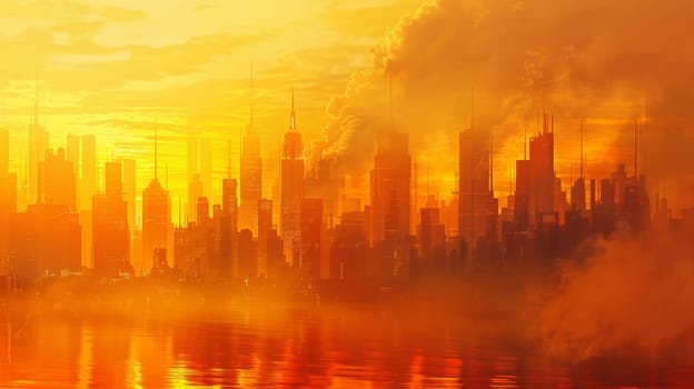 Futuristic city skyline with skyscrapers among orange clouds, sandstorm concept, background, AI Generated