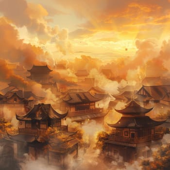 Ancient asian pagoda cityscape in mystical sunset sandstorm orange glow, fantasy setting, background, AI generated