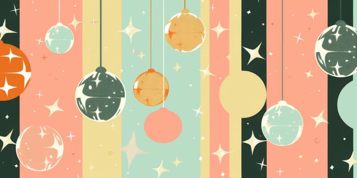 Hanging ornaments with retro design pattern on colorful background, AI Generated