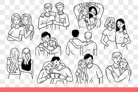 Love and friendship are demonstrated by couples of people building heterosexual or homosexual relationships. Men and women hug on dates, thanks to strong friendship and sincere sympathy. Hand drawn.