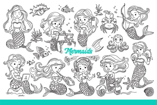 Mermaids with beautiful girl with fish tail who lives at bottom of ocean. Mermaids use gadgets and meditate or play with precious rubies and seashells that live underwater. Hand drawn.