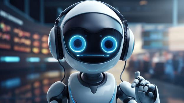 Smiling robot in headphones in a futuristic lab, concept of AI technology, background, AI generated