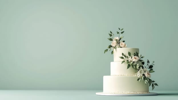 Wedding cake with beautiful flowers on solid pastel color background, copy space, AI Generated