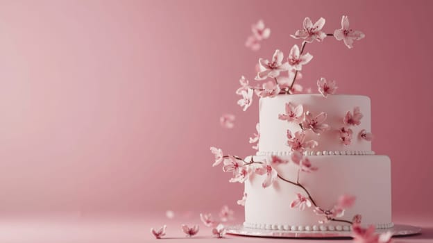 Wedding White tiered cake with pink blossom on pastel background, copy space, AI Generated