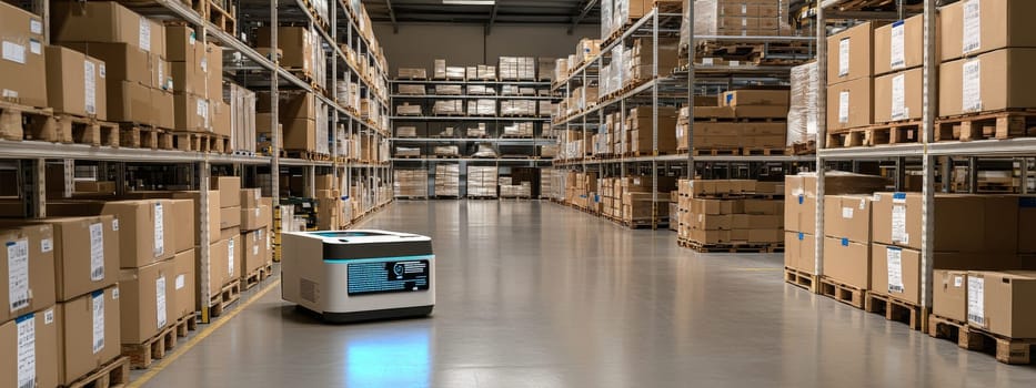 Robot holding tablet in warehouse filled with cardboard boxes, logistics technology concept, AI Generated
