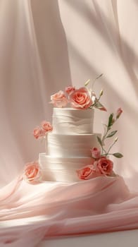 Wedding cake with beautiful flowers on solid pastel color background, copy space, AI Generated