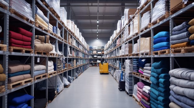 Robot in warehouse with shelves stocked with textile, concept of automation, AI generated