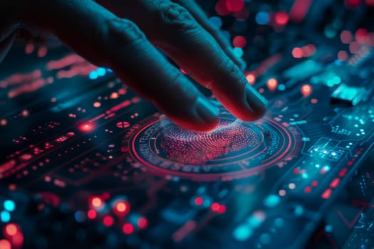 Finger touching digital fingerprint scanner on glowing virtual keyboard, identification concept, AI Generated