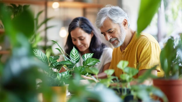 Couple caring houseplants at home. Multiracial mature man and woman with green plants. AI Generated