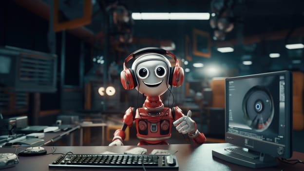 Smiling robot in headphones in a futuristic lab, concept of AI technology, background, AI generated