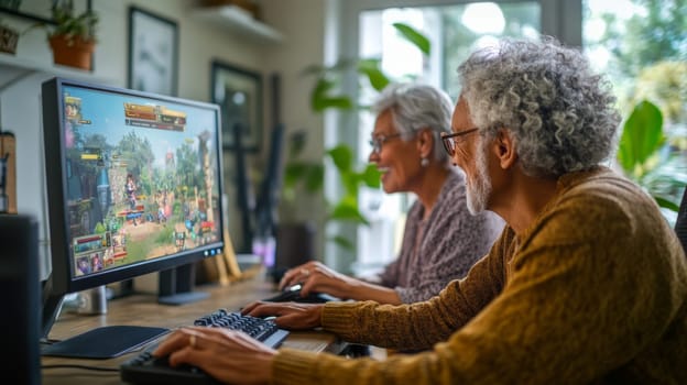 Senior multiracial couple enjoying video game together on computer monitors, concept of leisure