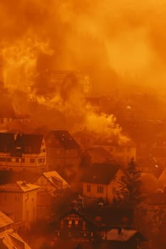 Misty village landscape with medieval architecture covered in thick orange fog, background, AI Generated