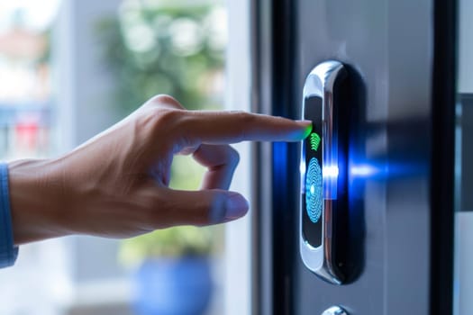 Fingerprint scanning on entrance door representing smart home technology security, AI Generated