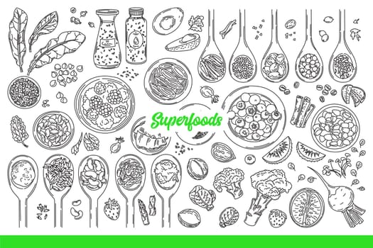 Superfoods for better health, thanks to organic grains or fruits and vegetables. Superfoods inscription near wooden spoons and plates filled with healthy breakfasts and snacks. Hand drawn.