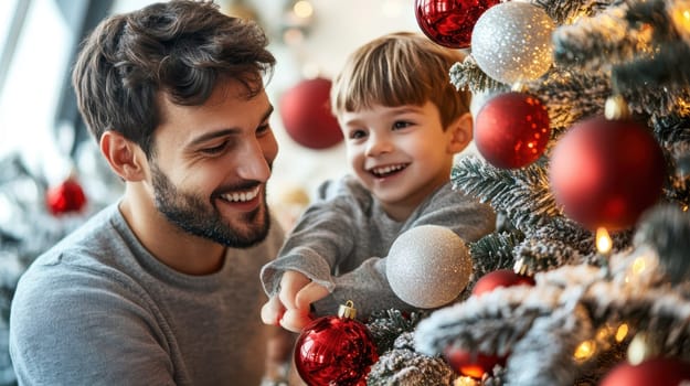 Dad and son decorating the Christmas tree . AI generative.