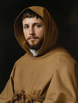 st Francis of Assisi, young man, monk, beard, brown clothing, AI generative.