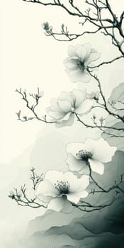 large flowers and small branches printed on top, inspired by abstract expressionist art. AI generative.