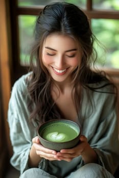sitting smiling young woman drinking matcha tee. AI generative.