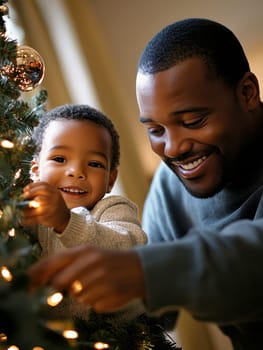 Dad and son decorating the Christmas tree . AI generative.
