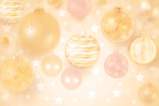 Abstract blurred festive winter christmas or Happy New Year background with shiny gold yellow bokeh lighted xmas balls and stars. Space for your design. Card concept.