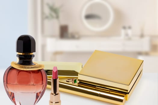 Cosmetic branding, blank label, sale, spa and gold luxury beauty style. Decorative composition of various beauty and makeup products. Space. Happy Valentines or Mothers Day template.