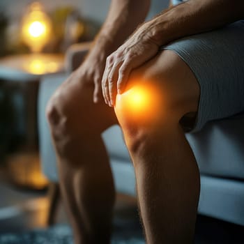 Digital composite of highlighted knee of a man with knee pain. AI generative.