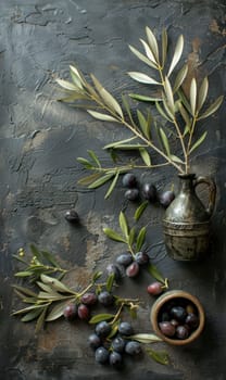 Olive oil, olives and olive branches. AI generative.