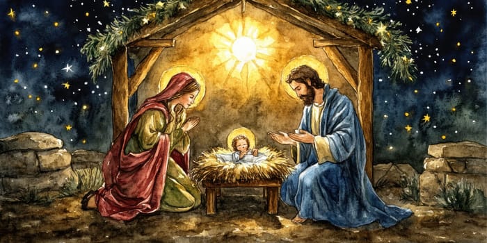 The painting depicts Mary, Joseph and the baby Jesus in a peaceful and holy scene, with Mary cradling Jesus in her arms and Joseph standing protectively by their side.AI generative.