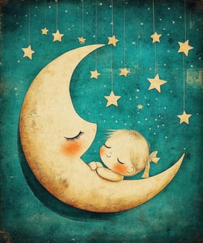 The image of the cute girl sleeping on the moon with stars suspended by thin threads . AI generative.