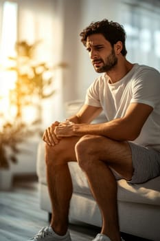 Digital composite of highlighted knee of a man with knee pain. AI generative.