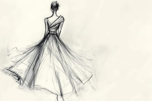 A sketch showcases a graceful fashion design with a flowing gown, emphasizing a minimalist style and a one-shoulder detail. The design highlights elegance and sophistication.
