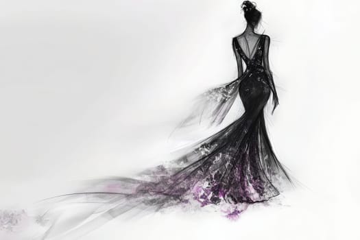 The artwork features a sophisticated fashion design sketch that highlights a sleek black gown with delicate details.