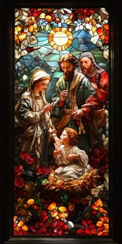 The painting depicts Mary, Joseph and the baby Jesus in a peaceful and holy scene, with Mary cradling Jesus in her arms and Joseph standing protectively by their side.AI generative.