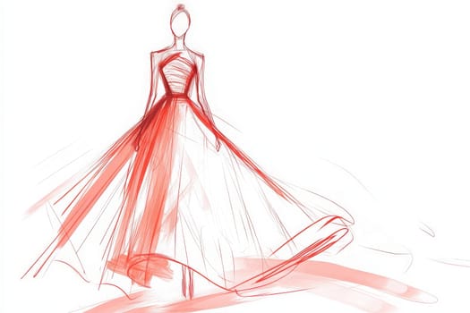 A detailed sketch showcases a minimalist fashion design featuring a flowing gown. The gown has a fitted bodice and a long, ethereal skirt in soft red tones, highlighting the beauty of simplicity.