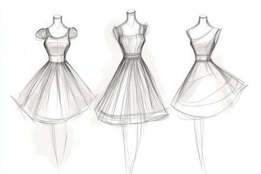 Three unique fashion design sketches are displayed, showcasing clean, minimalist silhouettes. Each design highlights different styles and shapes, emphasizing simplicity and elegance.