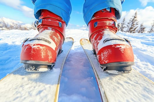 A skier prepares to glide down the pristine snowy slope, sporting bright red boots set on two gleaming skis. The backdrop features a beautiful winter landscape under a clear blue sky.
