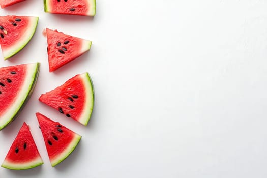 Juicy watermelon slices are neatly arranged on a solid white surface, showcasing their vibrant red flesh and green rind, perfect for a refreshing snack during warm summer days.