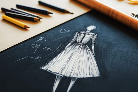 A detailed sketch of a classic dress design is depicted on black paper. Surrounding the sketch are colored pencils, indicating the designers creative process in fashion design.