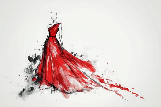 The sketch features a striking red gown with a minimalist design, highlighted by fluid brush strokes that suggest movement, emphasizing elegance and modern aesthetics in fashion.