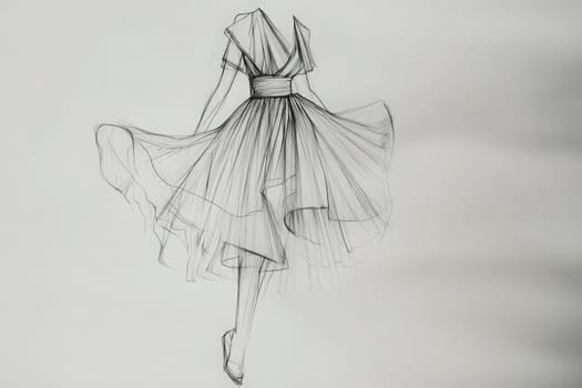 A detailed sketch of a fashionable and elegant dress, highlighting minimalist design elements and flowing fabric.
