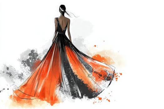 This fashion design sketch showcases a back view of a model wearing a stunning dress that flows gracefully.