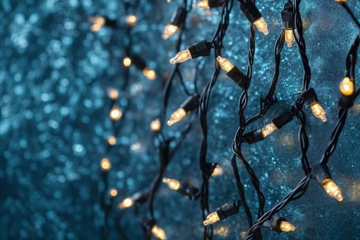 Fairy lights twinkle against a clean blue backdrop, creating a magical atmosphere. The warm glow highlights the intricate details, perfect for enhancing any celebratory setting.