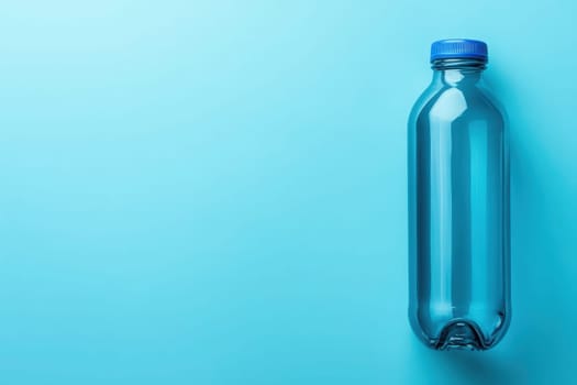 A transparent sports drink bottle stands upright against a bright blue background, emphasizing its role in promoting hydration during physical activities like running or exercising.