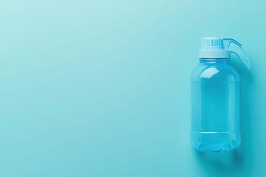 A clear sports drink bottle filled with bright blue liquid sits on a solid turquoise background. This setting emphasizes hydration suitable for sports activities and workouts.