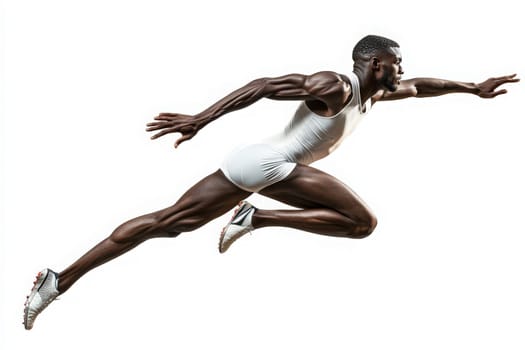 The sprinter showcases intense focus and athleticism, lunging forward with powerful strides. His muscles are defined as he pushes the limits of speed and performance in this clean setting.
