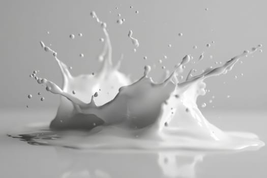 A splash of milk erupts in a clean, minimalist environment, creating dynamic shapes and droplets. The scene captures the elegance of movement and texture in a tranquil atmosphere.