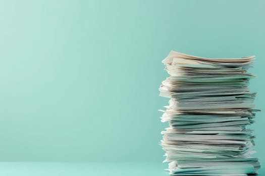 A tall stack of disorganized paperwork sits neatly on a smooth surface, contrasting with a calming pastel green backdrop. The papers appear to be various documents waiting for attention.